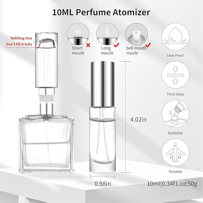 MUB 10ml Perfume Travel Refillable Atomizer Bottle Glass Unique Top-Filling Leak-Proof Spray Bottle Atomizer Sprayer for Perfume Cologne Mini Travel Size Empty Pocket Portable