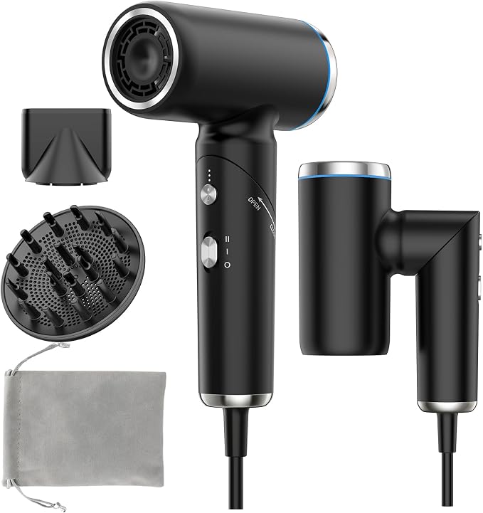 WEEYUM Travel Hair Dryer Dual Voltage for Europe Foldable, High Speed Ionic Blow Dryer Fast Drying,100-240V Portable Dryers with Magnetic Nozzles,1300W-black