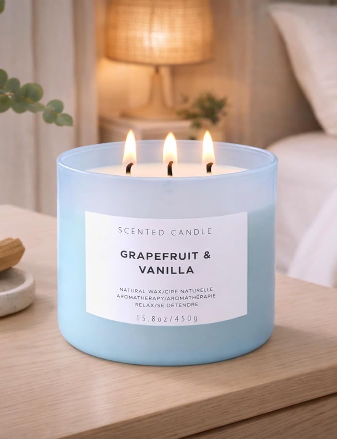 Grapefruit Vanilla 3-Wick Soy Candle | 15.8 oz Large Scented Candle for Home | Highly Scented Aromatherapy Candle for Women | Luxury Citrus Vanilla Candle Gift | Clean Burn Long Lasting