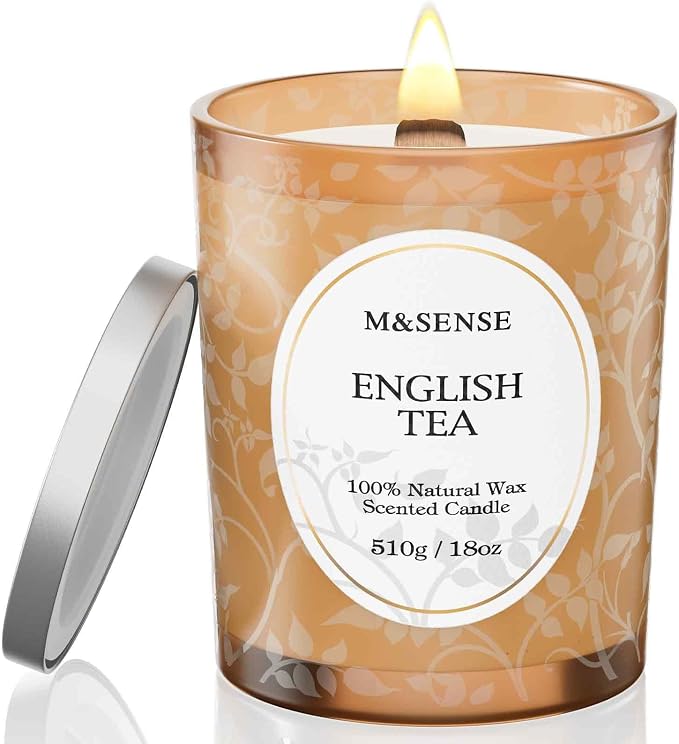 M&SENSE English Tea Soy Candle, Cracking Wooden Wick 18oz | 100 Hours Long Lasting, Clean Burn, Summer Aromatherapy, Non-Toxic, Relaxing Gifts For Women