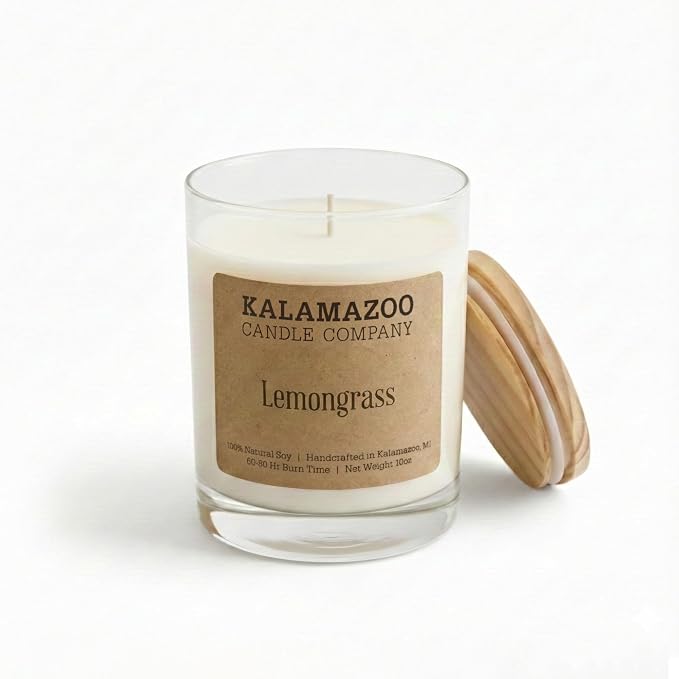Kalamazoo Candle Company Hand-Poured Soy Wax Candle – 10oz Classic Jar, 60-80 Hour Burn Time – Made in USA, Highly Scented, Phthalate-Free (Lemongrass)