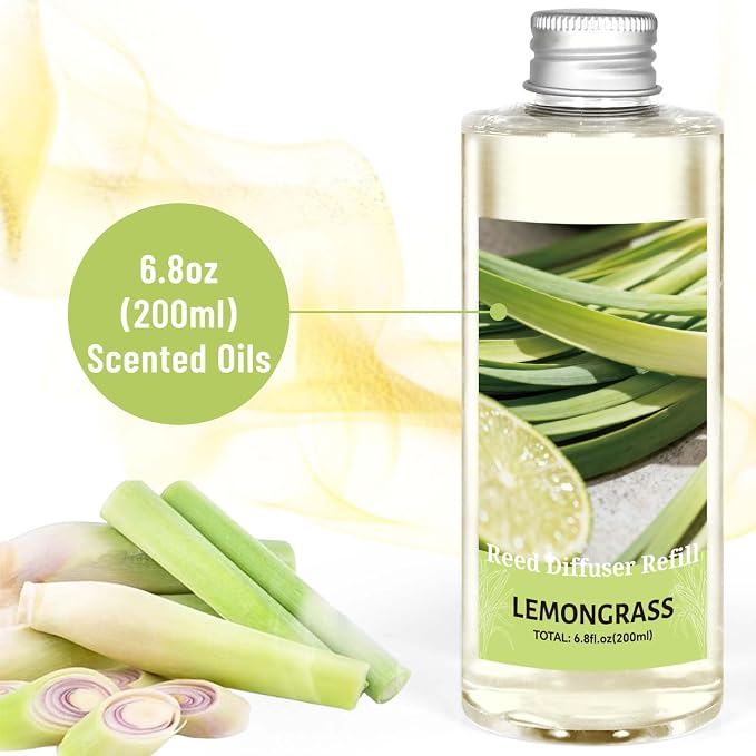 STRN Reed Diffuser Essential Oil Refill, Lemongrass Scent 200ml with Sticks, Long-Lasting Aromatherapy, Summer Fragrance Liquid with Eco-Friendly Bottle for Home, Bedroom, Spa