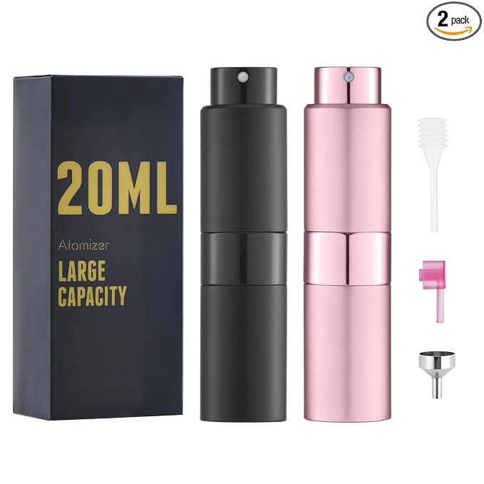 Cologne Travel Bottle 20ml - Large Size Perfume Atomizer Refillable for Men - Pocket Empty Fragrance Sprayer for Refill - 0.67oz Portable Twist Spray Sample Container for Purse Black & Pink