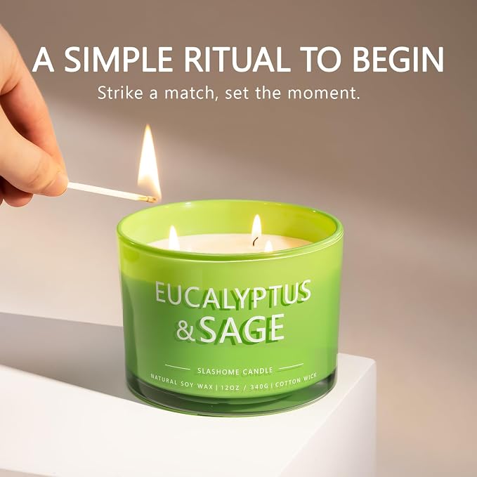 Sage & Eucalyptus Scented Candle, Luxury Large 3 Wick Soy Candle 12 Oz, 60+ Hour Long Lasting Clean Burn, Elegant Aromatherapy Home Decor, Housewarming & Birthday Gift for Men & Women