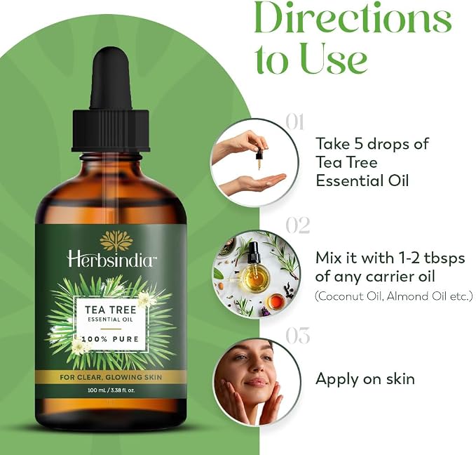 HerbsIndia Tea Tree Essential Oil for Skin - Huge 3.3 Fl Oz - 100% Pure - Premium Grade with Glass Dropper, Undiluted, Non-GMO