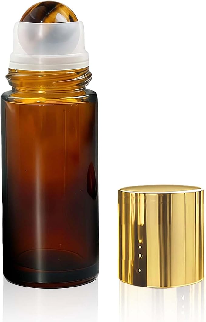 Tiger's Eye Roller Bottles for Essential Oils, 50ml Refillable Amber Glass Roll On Bottles with Natural Crystal Roller Balls, Leak-Proof Travel Perfume Bottle with Gold Caps