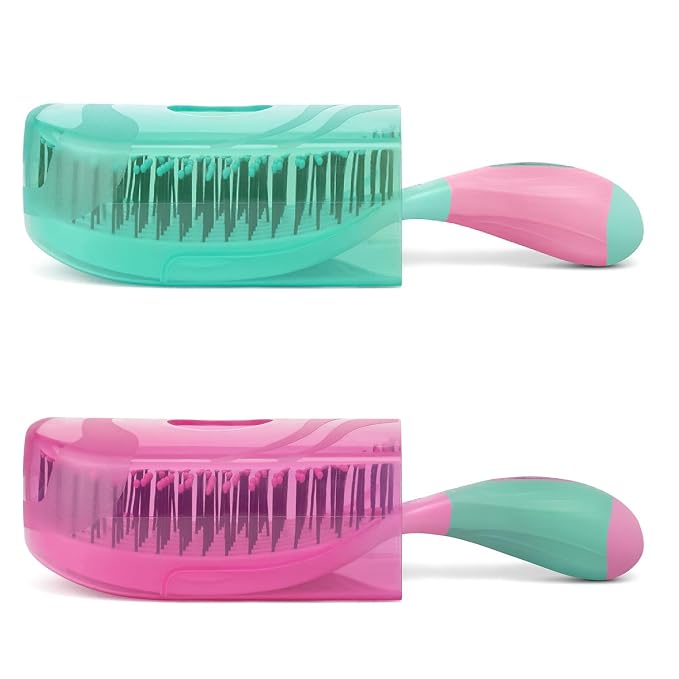 NuWay® TravelC® Detangling Hair Brush Set (2 Brushes) – Mix-n-Match Travel Case Colors, Patented Curved Vented Design with Protective Case for Wet or Dry Hair (Pink & Teal)