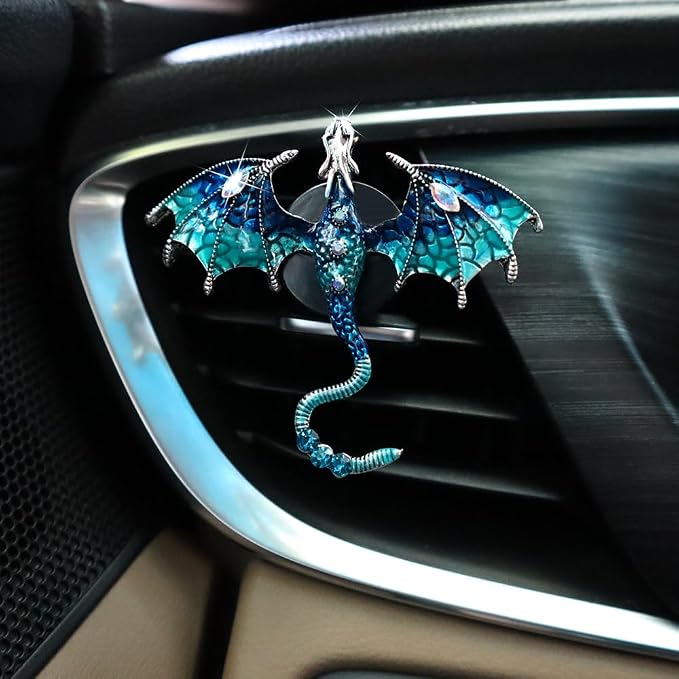 ORIESSE Bling Dragon Car Air Freshener Vent Clip,1pc Rhinestone Blue Dragon Car Decor,Cute Air Vent Clip Dashboard Decoration Accessory,Refillable Animal Diffuser