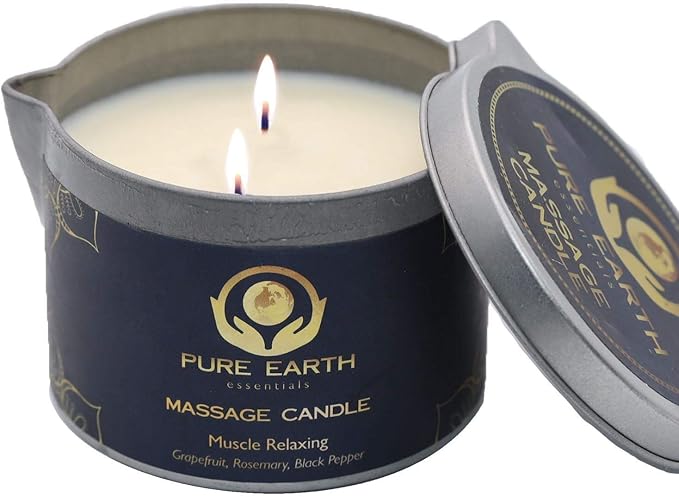 Muscle Relaxing Massage Oil Candle - Scented Massage Oil Candles for Relaxation and Home Spa (160 Grams or 6 oz.) - with Grapefruit, Rosemary, Black Pepper - by PURE EARTH essentials