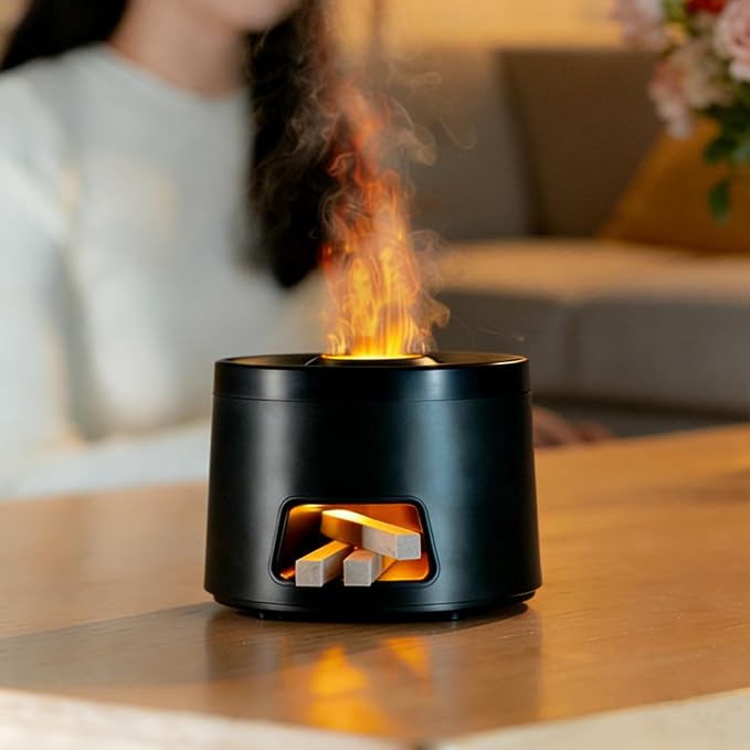 180ml Quiet Aromatherapy Diffuser, Ultrasonic Essential Oil Humidifier with Auto Shut-Off & 7-Color Flame Light for Home Bedroom Living Room Kitchen (Black)