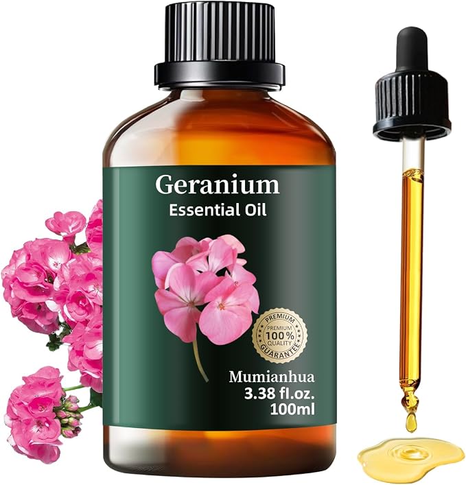 Geranium Essential Oil, Mumianhua Pure Rose Geranium Natural Oil for Outdoor Protective Barrier & Garden Freshness, Floral Aroma for Diffuser, Skin, Hair, DIY Spray – 3.38 Fl Oz