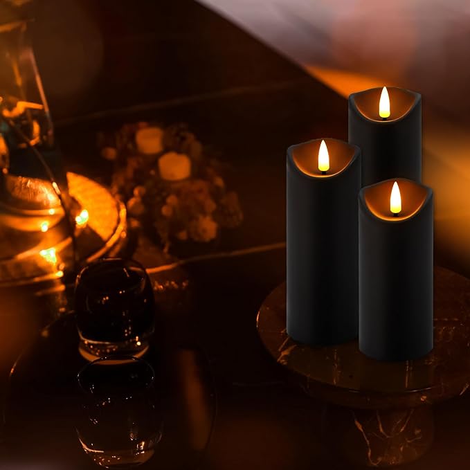YOROXRG 12 Pack Halloween Decoration Flickering Flameless Candles, Battery Operated LED Pillar Candles with Remote Control and Timer.for Home Decor (D2.2 xH 5" 6" 7" Black)