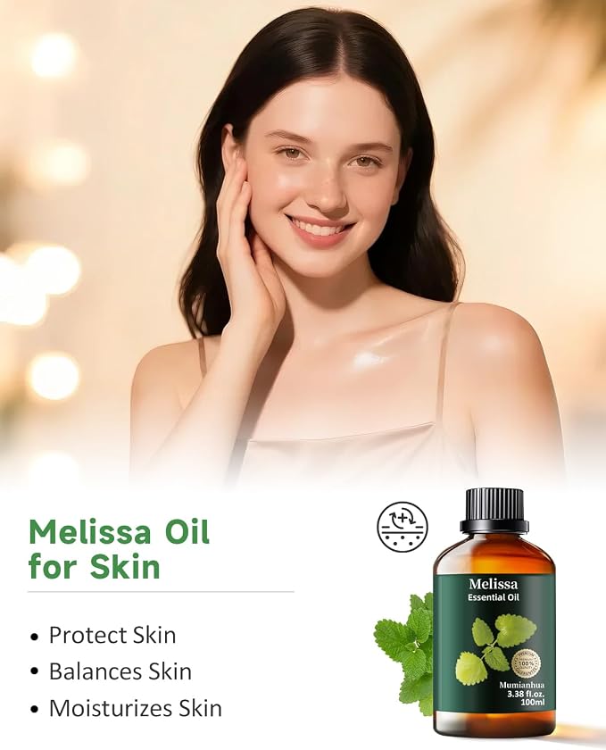 Melissa Essential Oil, Pure Melissa Oil Mumianhua Lemon Balm Oil, Uplifting Citrus-Herb Scent for Diffuser, Skin, Hair & Personal Care, 3.38 Fl Oz