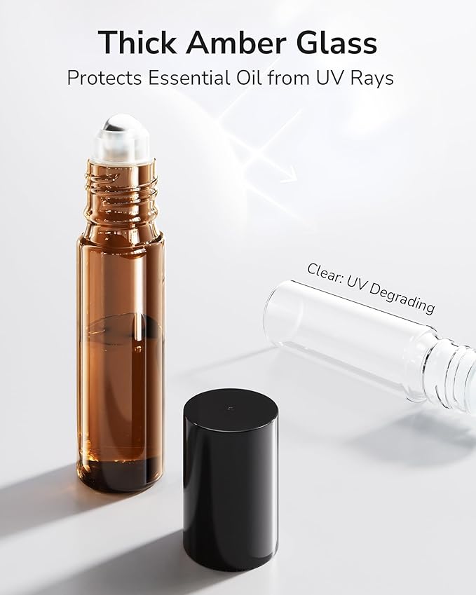 ULG 24-Pack Essential Oil Roller Bottles 10ml, Empty Bottles with Stainless Steel Roller Balls and Waterproof Labels, Amber Roller Balls For Essential Oils