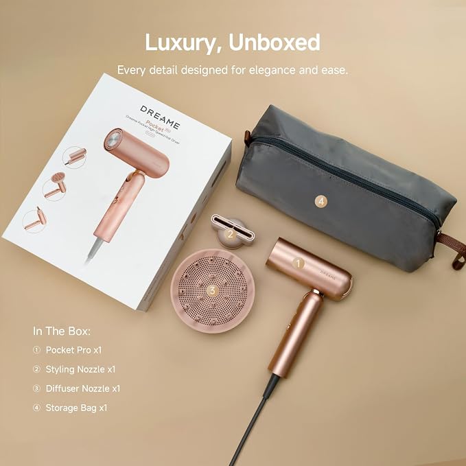 Dreame Pocket Pro Hair Dryer, Dual Voltage Travel Blow Dryer with Diffuser, 1300W Professional HighSpeed Ionic Hair Blower, Fast Drying, Low Noise, Lightweight, No Heat Damage, Global Travel 120V/240V