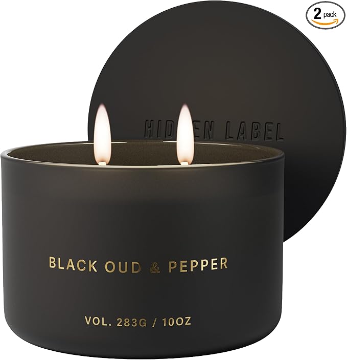 Hidden Label Black Oud Pepper Soy Candle, 10oz 2-Wick, 45H Bold Spice | Strong Masculine Aromatherapy | Non-Toxic Phthalate-Free | Even Melt No Tunneling | Luxe Reusable Glass Gift