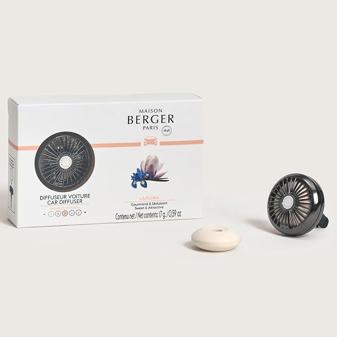 MAISON BERGER Car Diffuser Set, Liliflora | Magnolia Orange Blossom Notes, Refillable Vent Clip with Ceramic Refill, Passive 4-Week Diffusion, Made in France