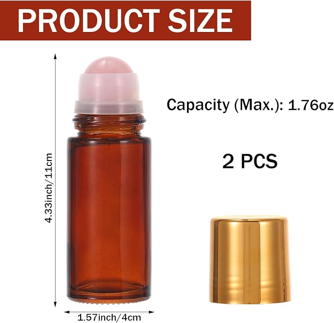 2 Pack 1.7oz Large Amber Glass Roll on Bottles for Essential Oils, Refillable Roller Ball Applicator with Rose Quartz Roller Ball, Perfume Deodorant Containers, Leak-Proof for Aromatherapy & Skincare