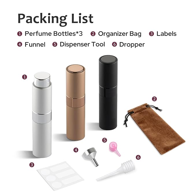 LISAPACK 8ML Atomizer Perfume Spray Bottle for Travel (3 PCS) Empty Cologne Dispenser, Portable Sprayer (Black, Silver, Brown)