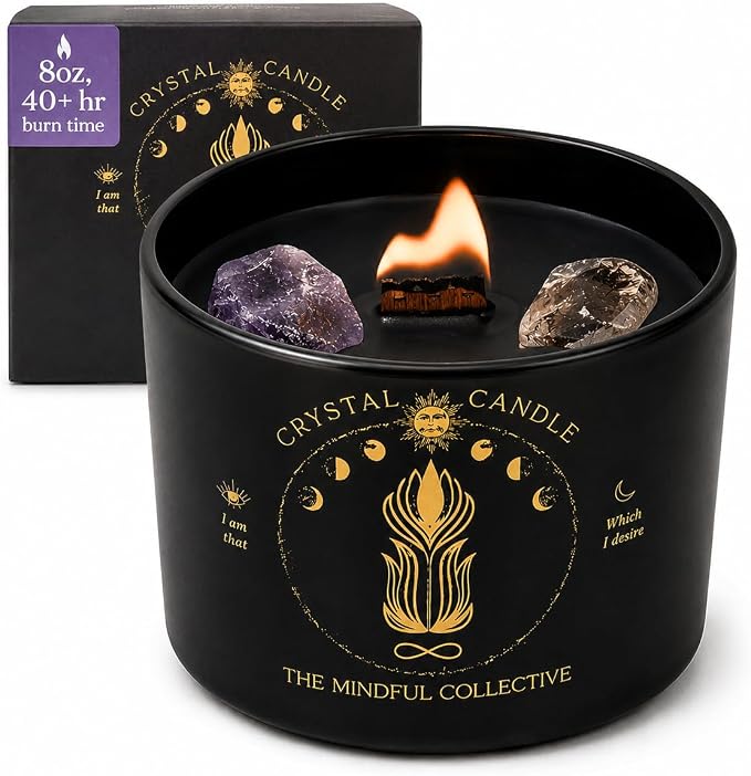 Black Crystal Candle for Women - 8oz Wood Wick Candle that Crackles with Natural Soy Wax. Luxurious Slow Burn, for Meditation. Includes Amethyst & Smokey Quartz Crystals