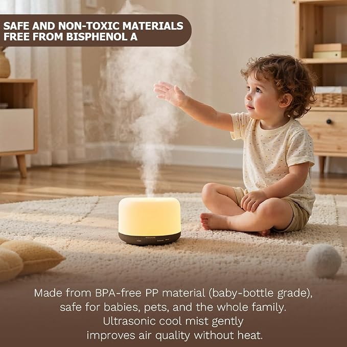 500ml Essential Oil Diffuser,Quiet 4-in-1 Ultrasonic Aromatherapy Humidifier,7 Color LED Lights,Timer & Auto-Off,BPA Free,Large Capacity Room Fragrance(Deep Woodgrain, Mini Model)