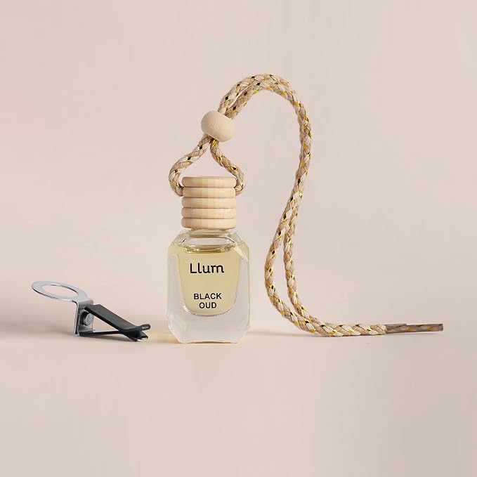 Llum Black Oud Hanging Car Air Freshener – Luxury Automotive Perfume Diffuser 10ml (0.34 fl oz), Long-Lasting Fragrance, Alcohol-Free Non-Toxic Car Scent, Glass Bottle With Wood Cap & AC Vent Clip