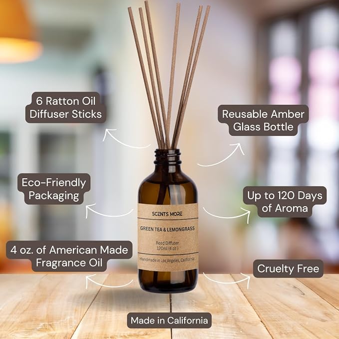 Reed Diffuser Set | Mahogany Teakwood Scented Reed Diffuser Sticks | 4oz Enhanced Scent Diffuser Fragrance Oil for Bedroom Bathroom Home Décor (Mahogany Teakwood, 4oz Reed Diffuser Set)