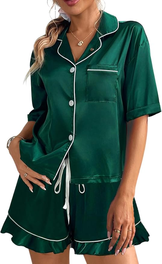 CHYRII Women's Silk Satin Pajamas Two Piece Pj Sets Short Sleeve Tops Ruffled Shorts Sleepwear with Magnetic Diffuser