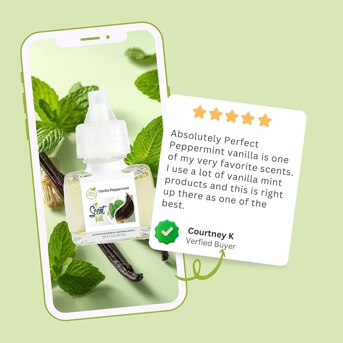 Scent Fill 100% Natural Vanilla Peppermint Plug in Air Freshener, Scented Oil Refills, 3 Refills