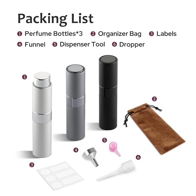 LISAPACK 8ML Atomizer Perfume Spray Bottle for Travel (3 PCS) Empty Cologne Dispenser, Portable Sprayer (Black, Silver, Grey)