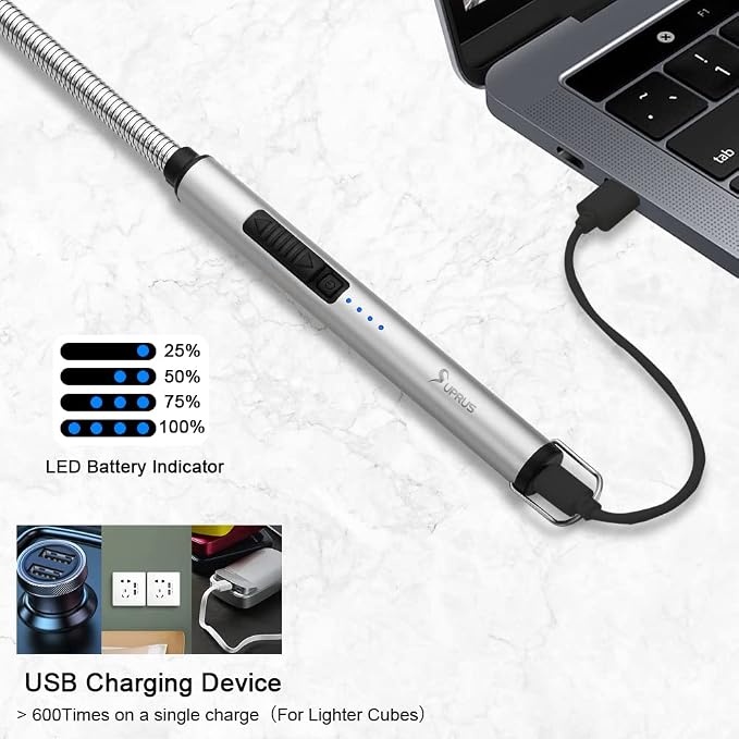 SUPRUS Electric Candle Lighter USB Type C Rechargeable Lighter Steel Shell & Hanging Hook with 360° Flexible Neck(Silver)