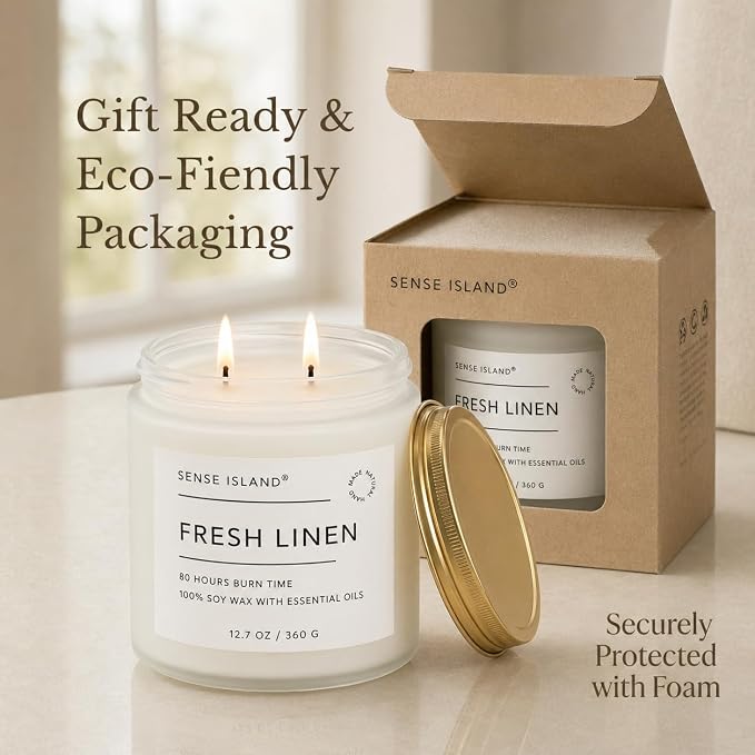 Clean Linen Scented Candle 12.7 oz – Large Fresh Linen Candle for Home, 80+ Hour Long Lasting, 100% Natural Soy Wax, 2 Wicks Clean Cotton & Soft Floral Scent, Elegant Candle Gift for Women & Men