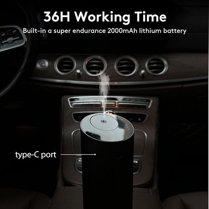Car Diffuser, Waterless Essential Oil Diffuser with 2000mAh Battery & Timer, Adjustable Mist Cordless Aromatherapy for Car, Portable Air Freshener with Premium Aluminum Alloy & Type-C Charging (Black)