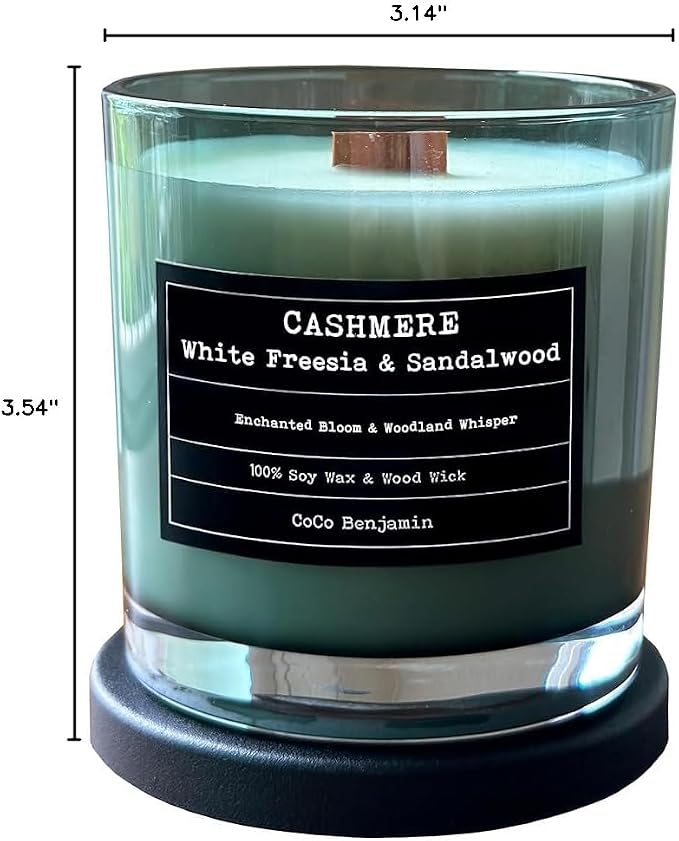 100% Soy, Highly Scented, Hand Poured Soy Candle (Cashmere, White Freesia, Sandalwood (Wooden Wick))