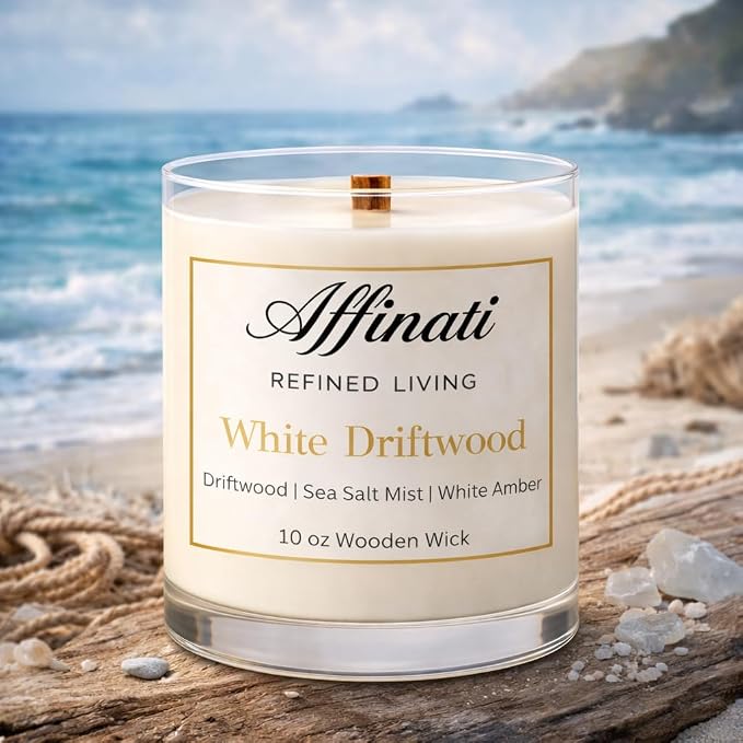 Affinati White Driftwood Scented Candle, 10 oz Wooden Wick Tumbler Jar – Highly Fragrant Clean Sun-Bleached Wood Aromatherapy, Soy Blend Gift