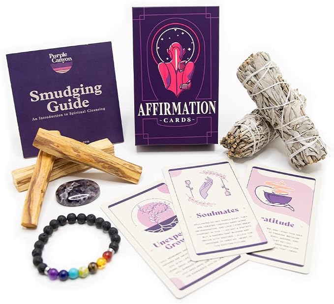 Purple Canyon Affirmation Meditation Kit with White Sage Smudge Kit and Affirmation Cards for Mindfulness and Stress Relief