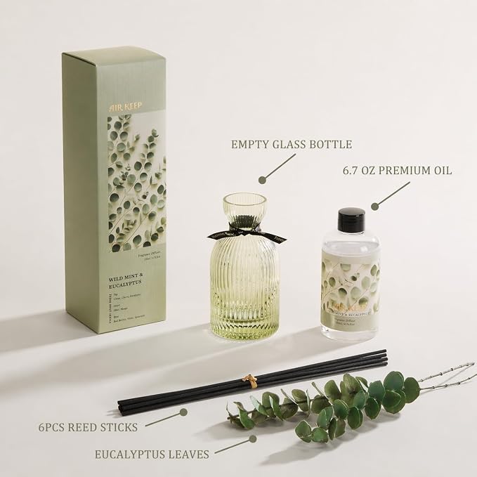 Airkeep Reed Diffuser Set 6.76 oz – Wild Mint & Eucalyptus Decorative Home Fragrance with Eucalyptus Sticks, Ribbed Glass Diffuser for Bathroom & Bedroom Décor, Gift Ready