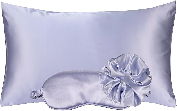 Vegan Silk Sleep Set – Satin Pillowcase, Eye Mask & Large Scrunchie for Hair and Skin – Frizz Free Beauty Sleep & Self Care Night Routine – Purple