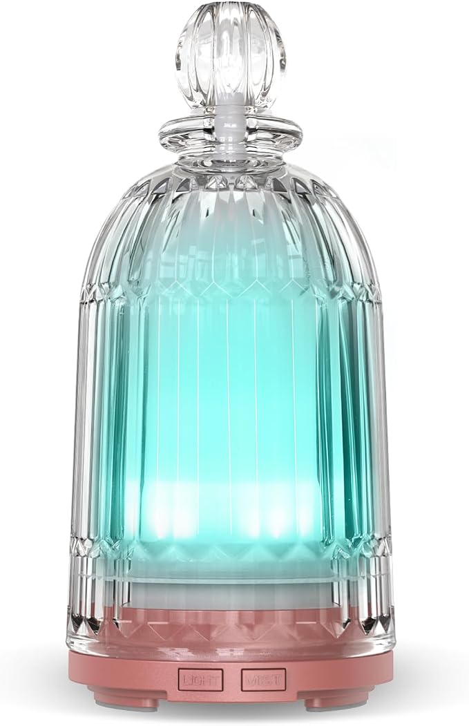 120ml Glass Essential Oil Diffuser, Ultrasonic Aroma Diffuser Glass Cover & Plastic Reservoir with Auto Shut-Off 7 Colors LED Lights for Home Office Bedroom(Bronze Base)