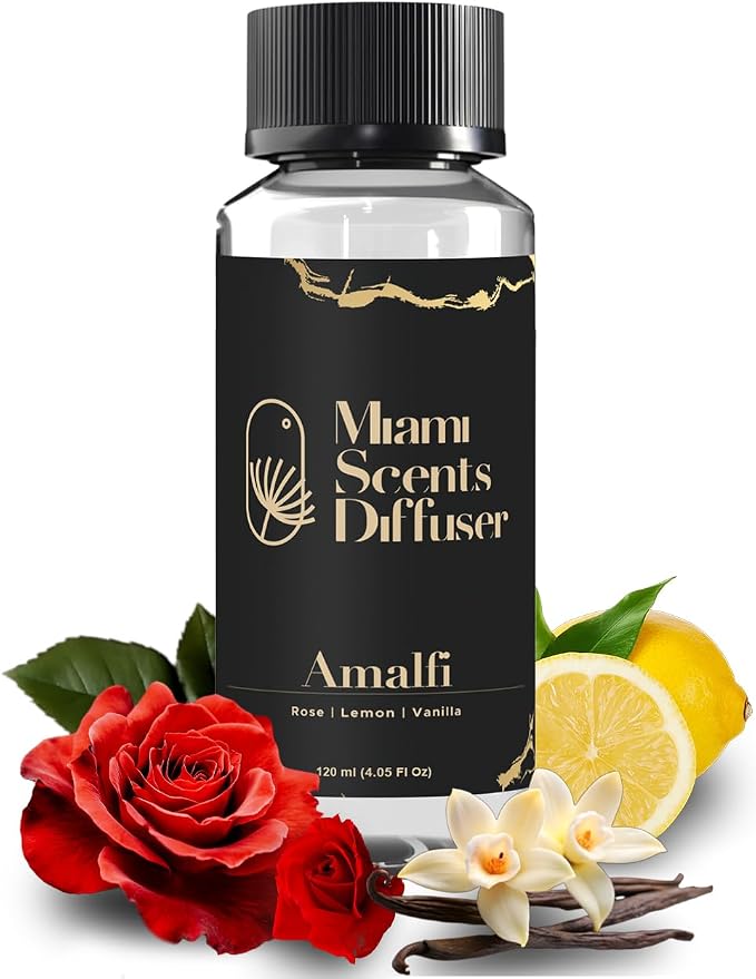 Amalfi Essence Essential Oil Refill Luxury Hotel Inspired, Long Lasting Aroma for Home & Commercial Diffuser, 120ml Fresh Blend of Rose, Vanilla and Lemon, Scent for Office Spa Wellness Aromatherapy.