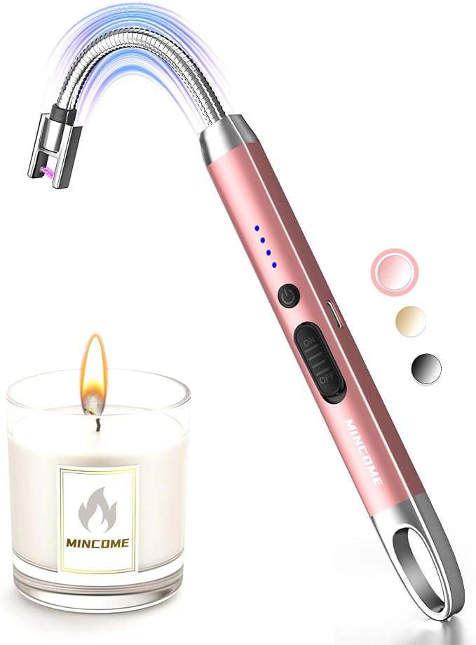 Candle Lighter, Windproof Flameless Electric lighters, Long Lighter with 360° Neck & Safety Switch, USB-C Rechageable LED Power Display Arc Lighters for Birthday BBQ Candle (Rose Gold)