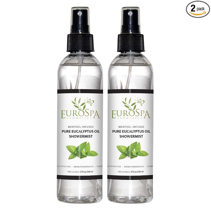 EuroSpa Aromatics Pure Eucalyptus Oil ShowerMist and Steam Room Spray, All-Natural Premium Aromatherapy Essential Oils - Menthol Infused, 8oz, 2 Pack