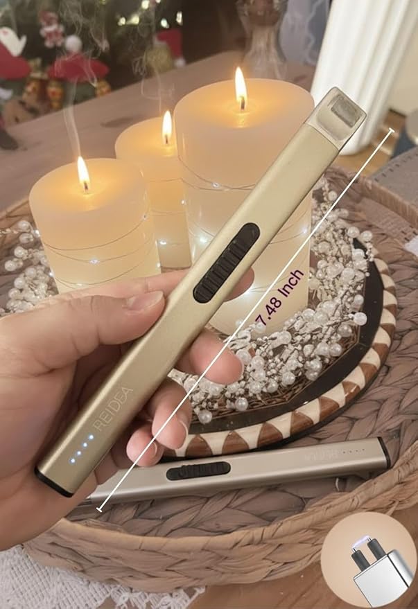REIDEA Lighters 2 Pack R1 Flat Electronic Candle Lighter, Windproof Flameless USB Rechargeable Arc Lighter with Safe Button and Power Indicator for Candle, BBQ and Fireworks, Champagne and Rose