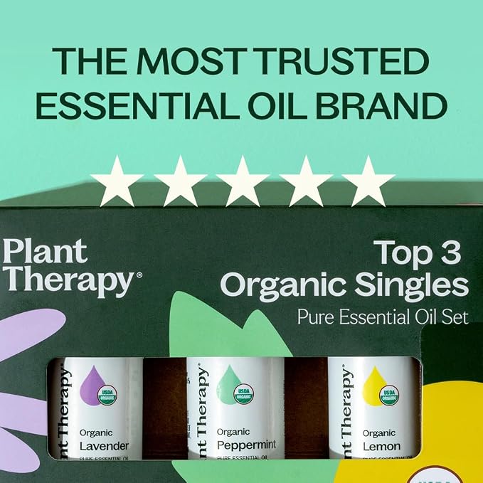 Plant Therapy Top 3 Organic Essential Oil Singles Set 10 mL (1/3 oz) Lemon, Lavender & Peppermint 100% Pure Essential Oils, Undiluted, Natural Aromatherapy for Diffusion and Body Care