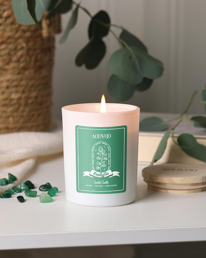 AOOVOO Eucalyptus Scented Candles for Women - Aromatherapy Candle with Crystals Inside, 7oz Soy Candles for Home Scented, Mothers Day Birthday Gifts Candle for Women Mom