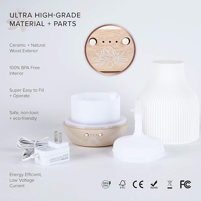 Sacred Lotus Love Ceramic Essential Oil Diffuser – Ultrasonic Aroma Diffuser with Wood Base, Ambient LED Light and Timer Settings