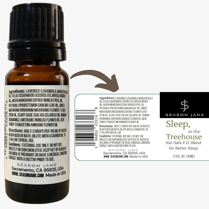 Season Jane-Sleep in the Treehouse 10ml (1/3 oz). Kid Safe Essential Oil Blend for Better Sleep. Herbal Fresh & Earthy Scent. Made in USA.
