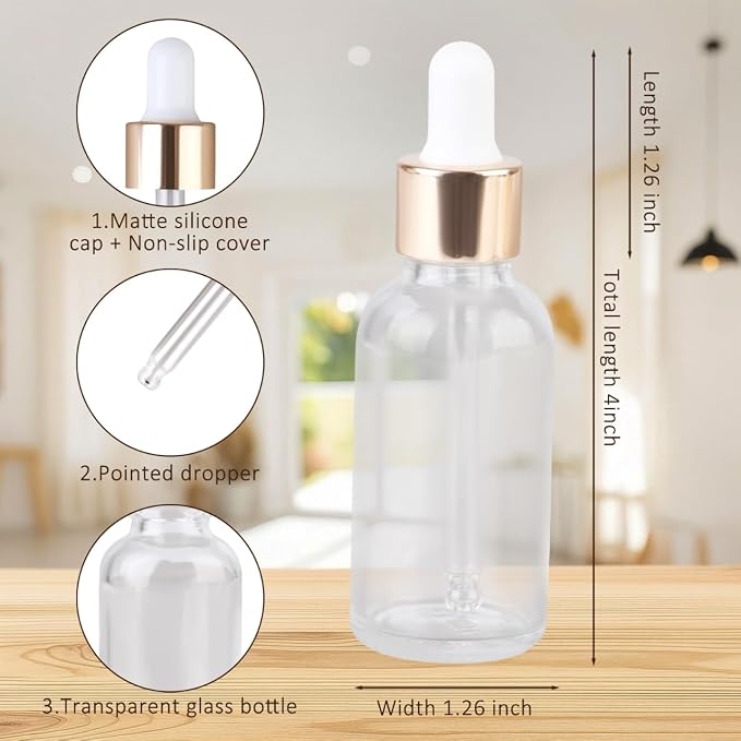 Glass Dropper Bottles, Clear, 1 oz Capacity, Leak-Proof, Cylindrical Shape with Glass Eye Dropper, 12 Pack for Essential Oils, Tinctures, Aromatherapy