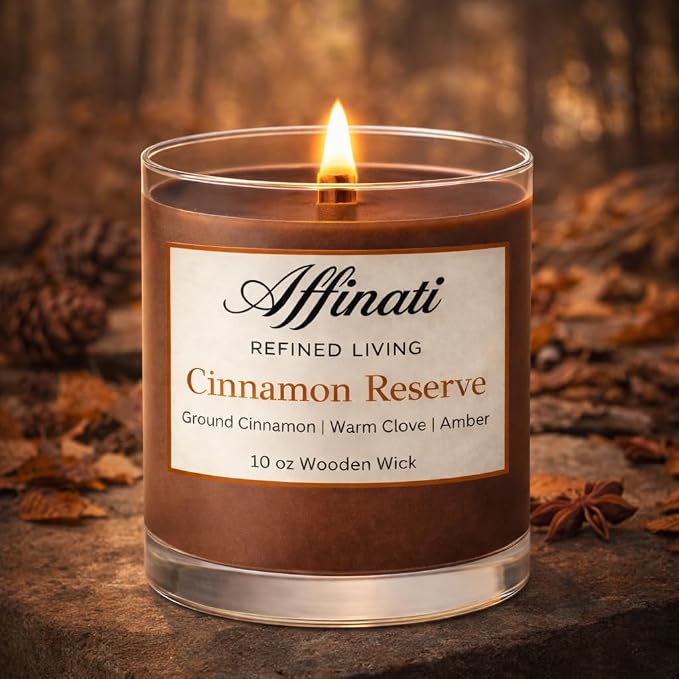 Affinati Cinnamon Reserve Scented Candle, 10 oz Wooden Wick Tumbler Jar – Highly Fragrant Rich Holiday Spice Aromatherapy, Kitchen Soy Gift