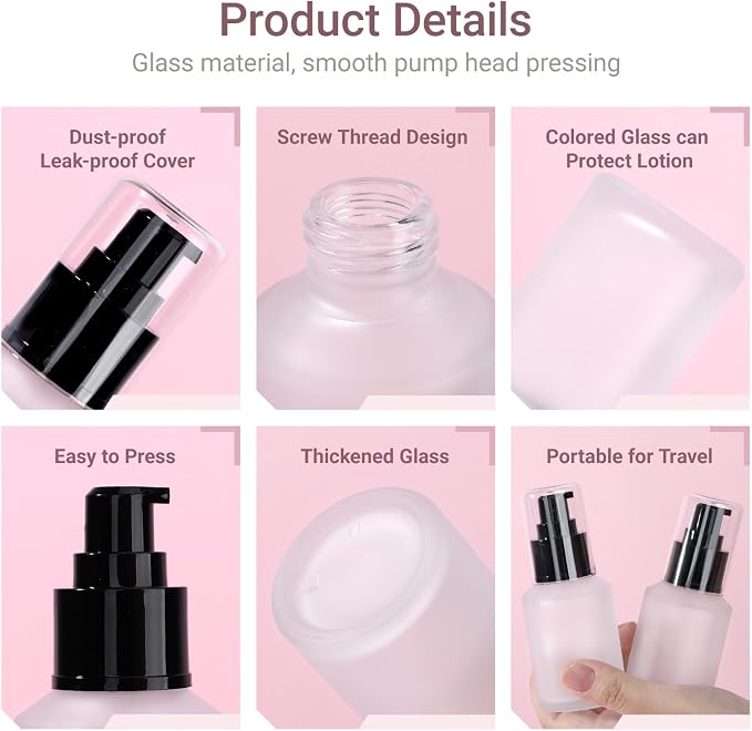 Segbeauty 2oz Frosted Glass Lotion Bottle for Travel, 3pcs Matte Translucent Refillable Pump Bottle for Hair Oil, 60ml Travel Size Container for Liquids, Empty Cream Dispenser, Skincare Refill Bottle